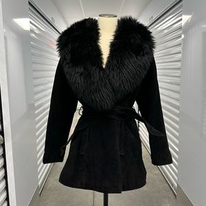 Vintage Black Suede Leather Jacket with Faux Fur Collar Penny Lane style